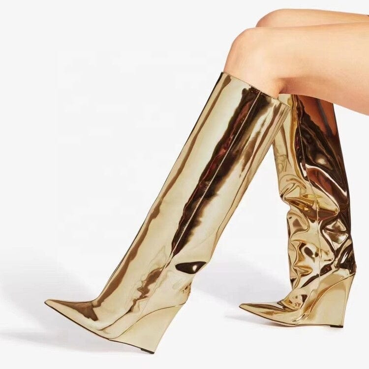 Gold Color High Heel Fashion Boots Luxury Winter Season Sexy Pointed Toe Footwear Handmade High Quality Slip-on Knee High Boots