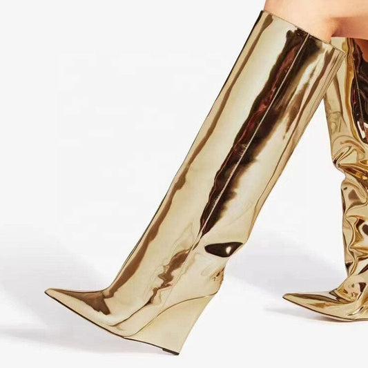 Gold Color High Heel Fashion Boots Luxury Winter Season Sexy Pointed Toe Footwear Handmade High Quality Slip-on Knee High Boots