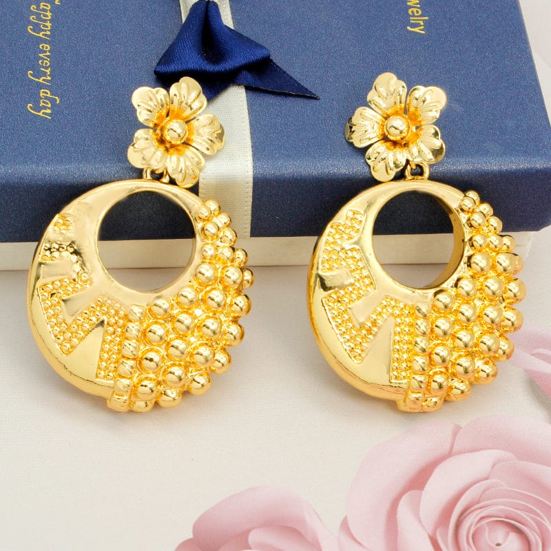 Gold Color Newest Accessories Flower Design Brass Gold Plated Jewelry African Round Drop Earrings