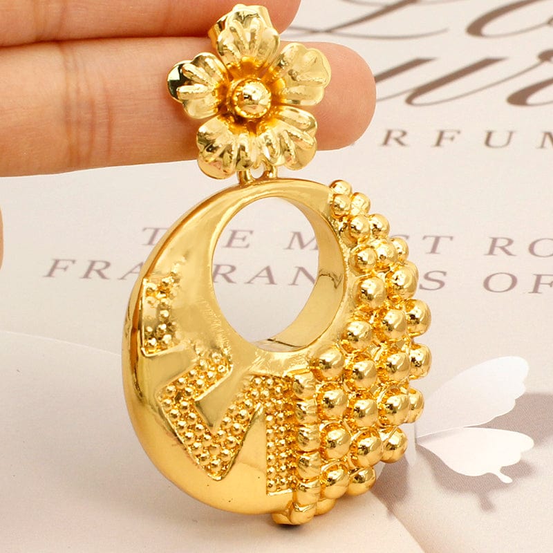 Gold Color Newest Accessories Flower Design Brass Gold Plated Jewelry African Round Drop Earrings