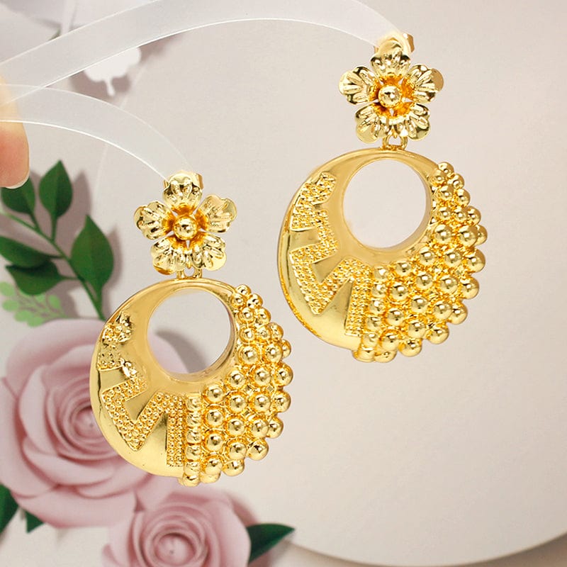 Gold Color Newest Accessories Flower Design Brass Gold Plated Jewelry African Round Drop Earrings