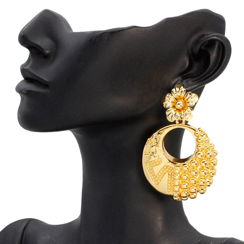 Gold Color Newest Accessories Flower Design Brass Gold Plated Jewelry African Round Drop Earrings