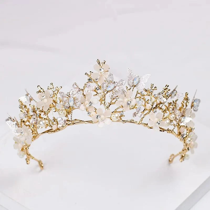 Gold Crown Butterfly Flower Headdress Baroque Crown Headband Gold Wedding Accessories