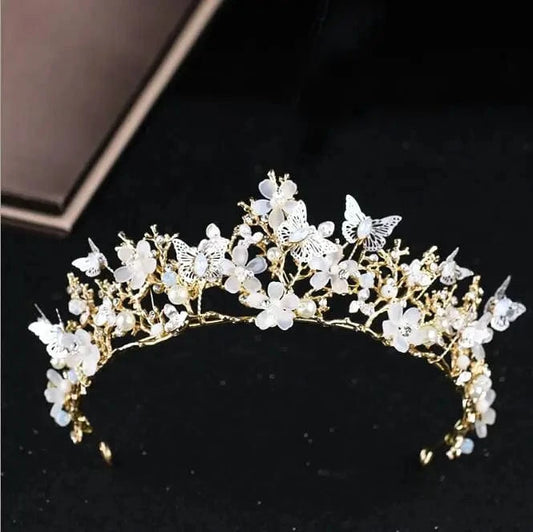 Gold Crown Butterfly Flower Headdress Baroque Crown Headband Gold Wedding Accessories