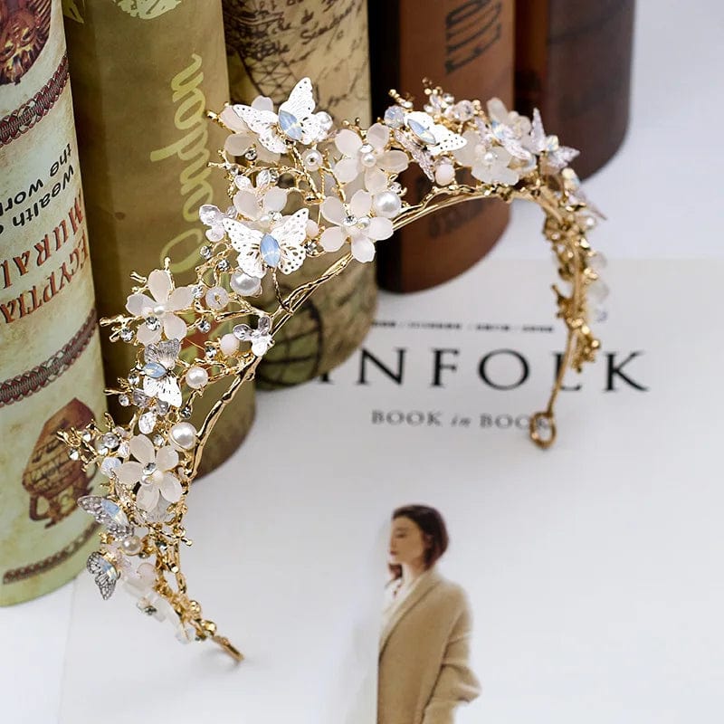 Gold Crown Butterfly Flower Headdress Baroque Crown Headband Gold Wedding Accessories