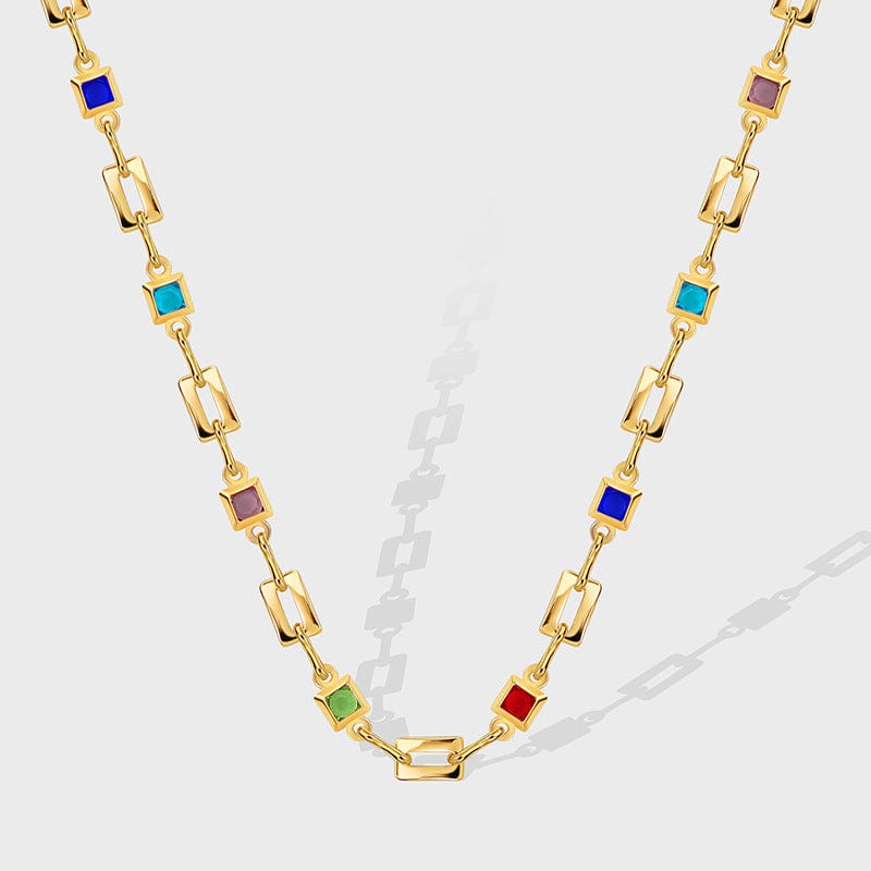 Gold-CYN0144 Popular hip-hop style personality geometric square copper inlaid colorful zirconium necklace women
