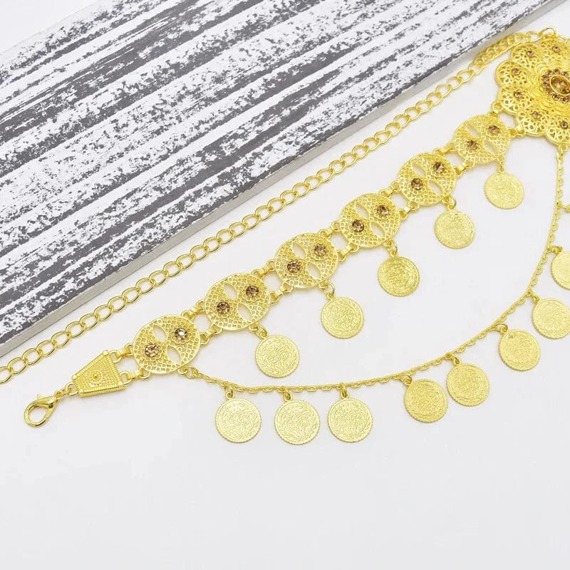 Gold Fashion Coin Tassel Flowers Waist Chain Belly Turkish Gypsy Body Chain Dance Jewelry Bohemian Vintage Gold Plated