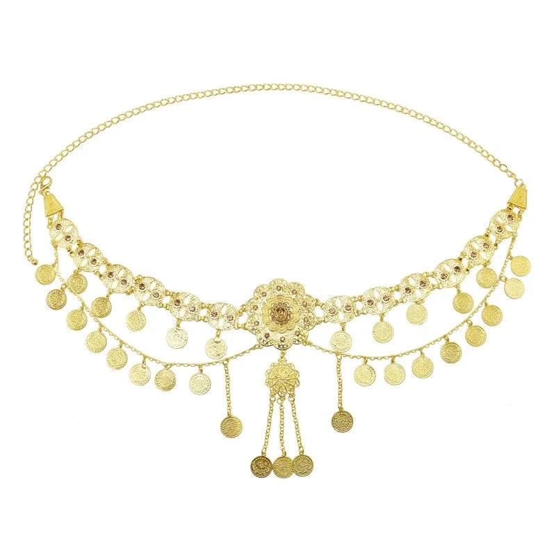 Gold Fashion Coin Tassel Flowers Waist Chain Belly Turkish Gypsy Body Chain Dance Jewelry Bohemian Vintage Gold Plated