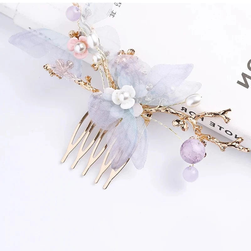 Gold Fashion Fringe Costume Hanfu Pearl Flowers Butterfly Headdress Suit Ladies Fairy Hair Accessories Ancient Style Hair Accessories