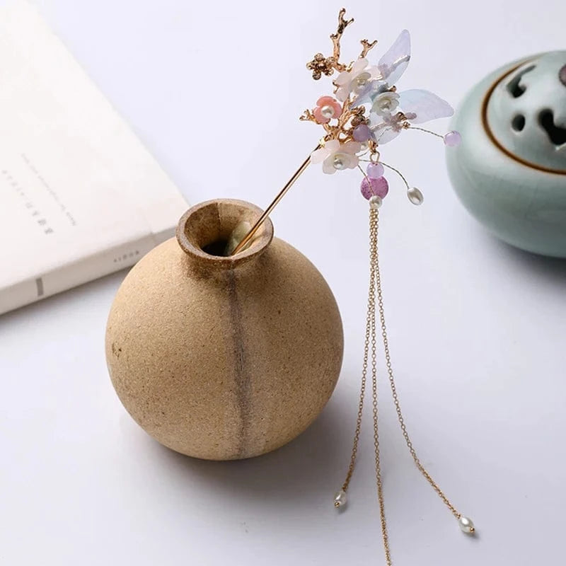 Gold Fashion Fringe Costume Hanfu Pearl Flowers Butterfly Headdress Suit Ladies Fairy Hair Accessories Ancient Style Hair Accessories