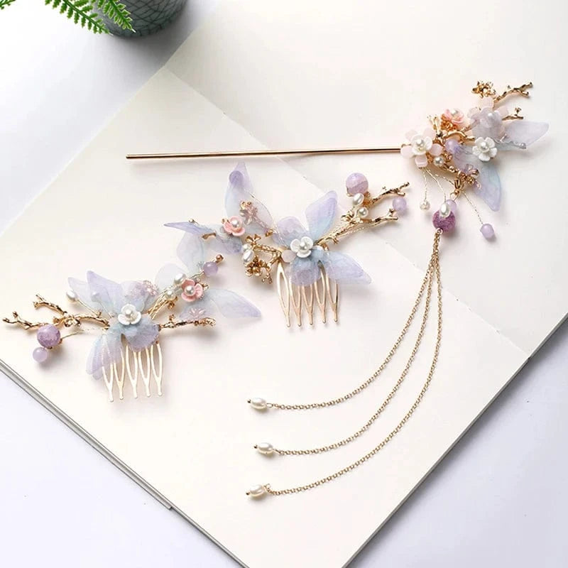 Gold Fashion Fringe Costume Hanfu Pearl Flowers Butterfly Headdress Suit Ladies Fairy Hair Accessories Ancient Style Hair Accessories