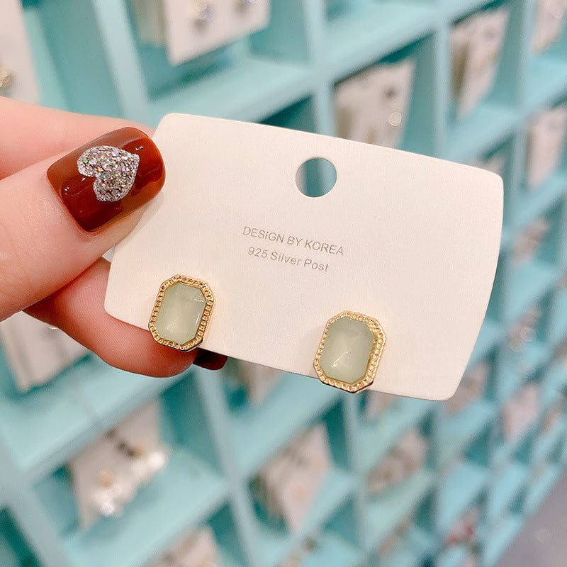 Gold Female Luxury Crystal Square Stud Earrings Vintage Silver Wedding Jewelry White Green Blue Zircon Stone Earrings For Women