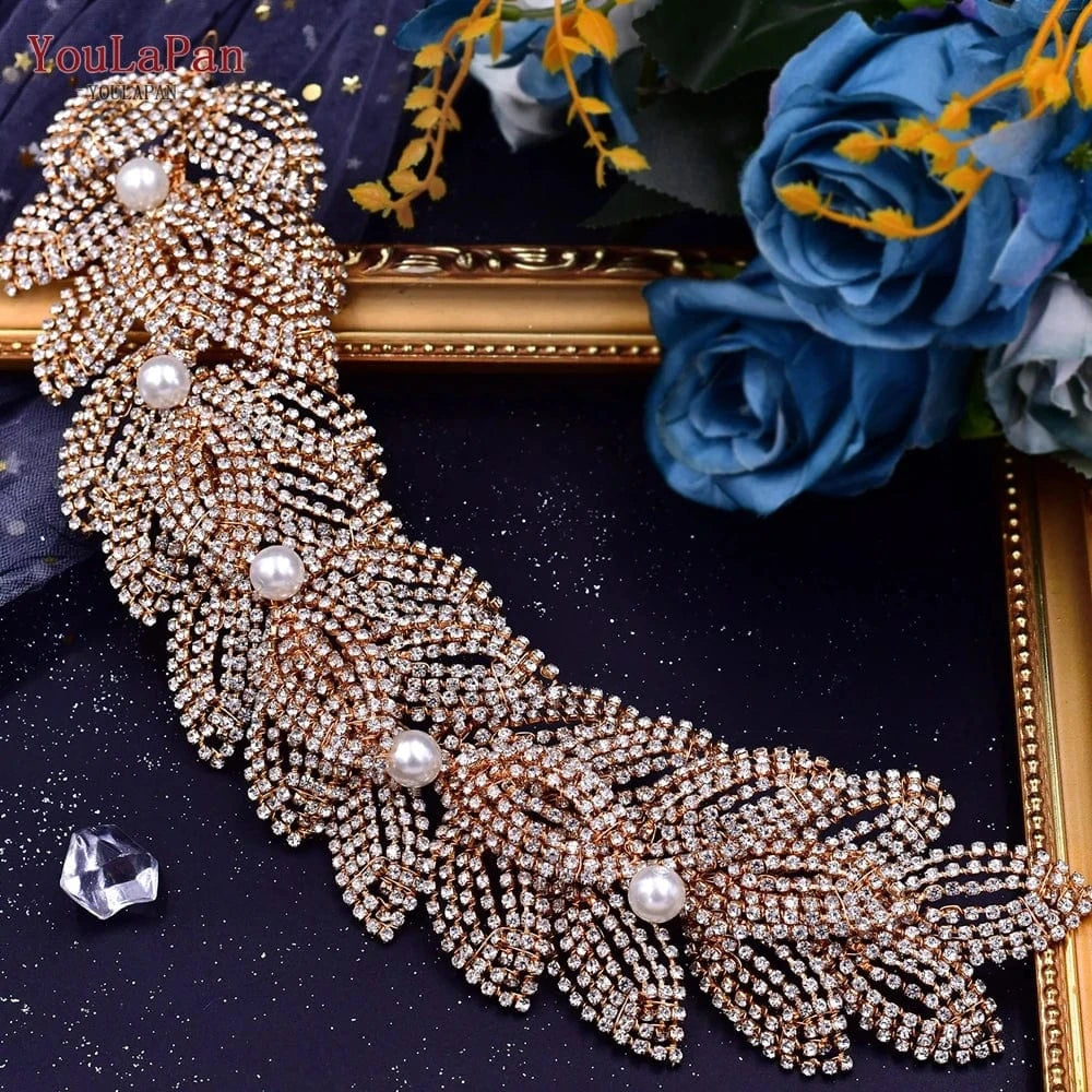 Gold-Headband YouLaPan HP366 Diamond Pearl Hair Piece Crown Ladies Hair Jewelry Luxury Party Wedding Headband Bridal Headdress