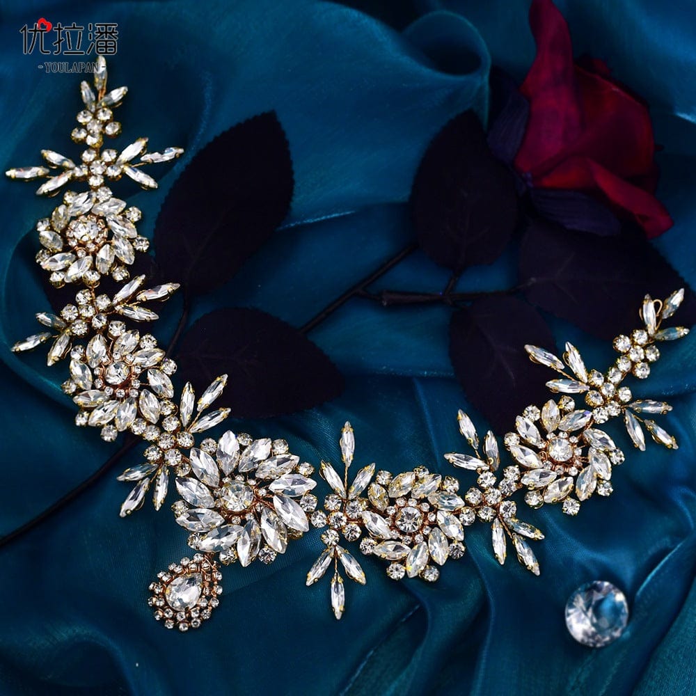 gold headdress S4194F   Bridal headdress heavy industry creative three-dimensional rhinestone flower headband tiara crown