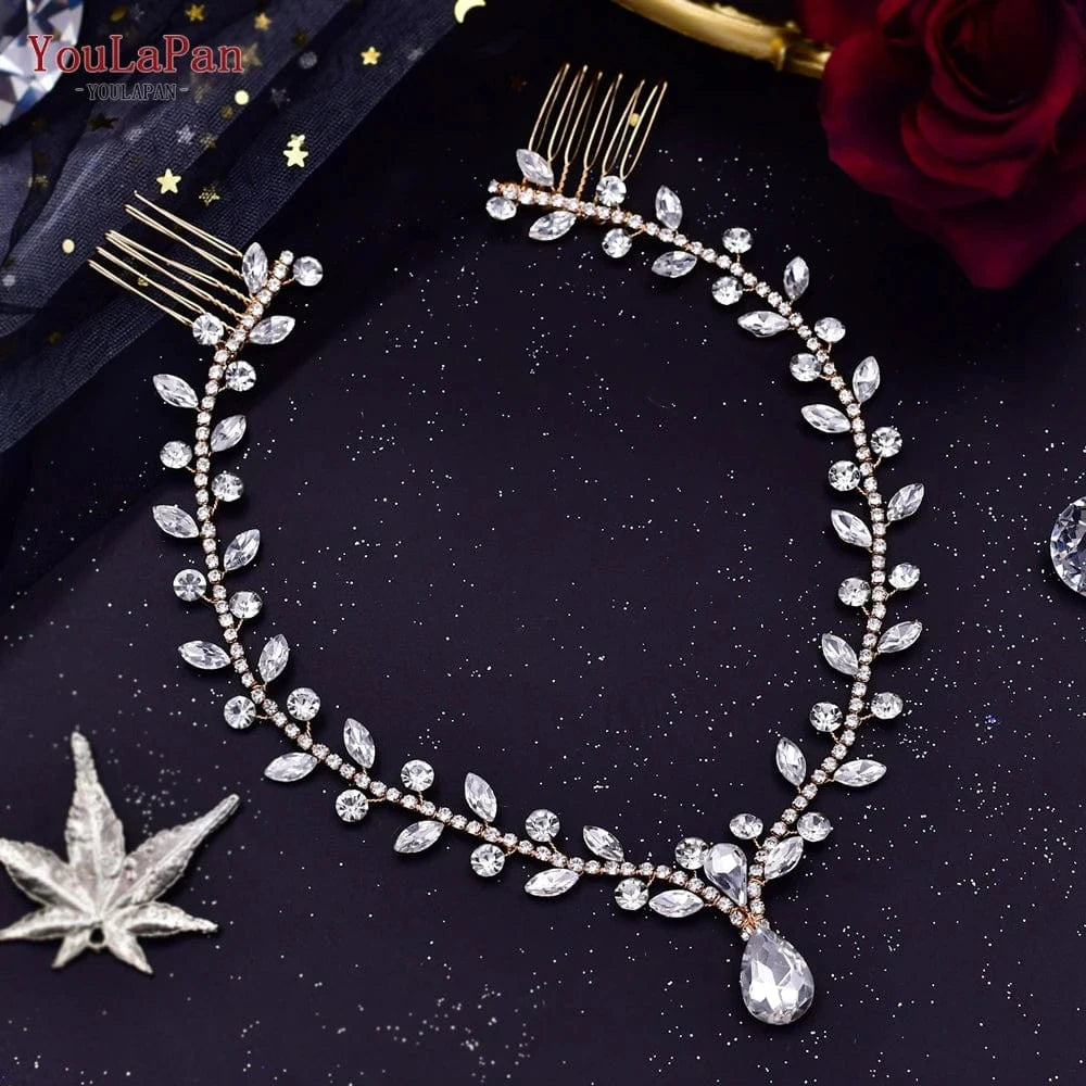 Gold-headwear YouLaPan HP465 Bohemian Rhinestone Hair Accessories Wholesale Price Silver Pendant Headpiece for Wedding Party Bridal Hair Comb