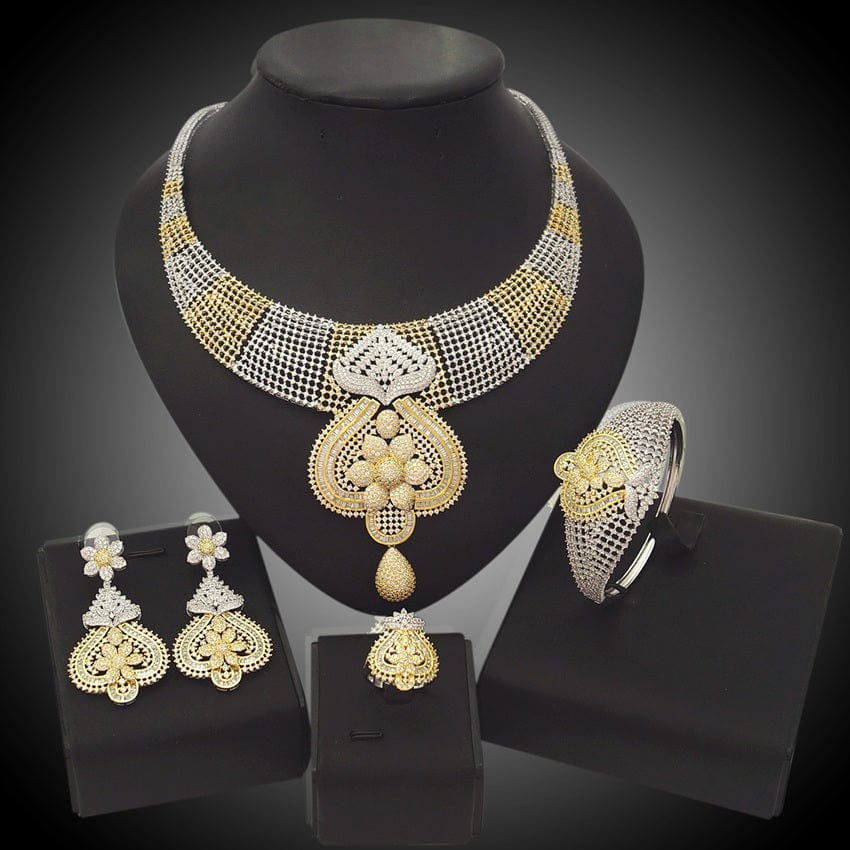 Gold High Quality Rhinestone Zirconia Jewelry Set With Velvet Jewelry Set Box