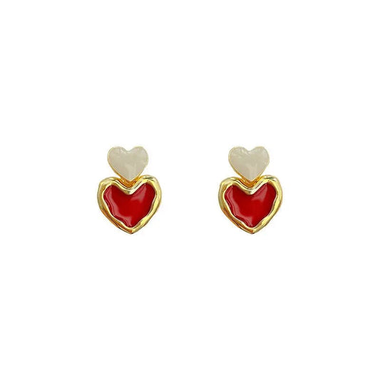 Gold Love New Wine Red Clip Earrings Double Heart Earring No Hole Vintage Hearts Womens Earrings
