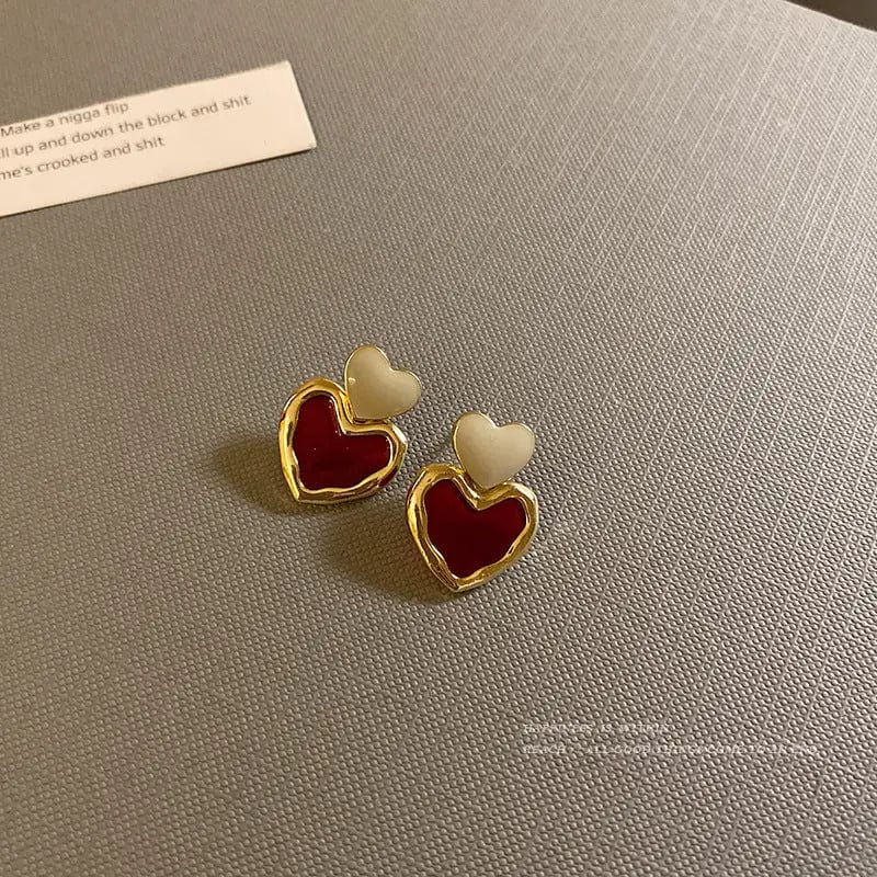 Gold Love New Wine Red Clip Earrings Double Heart Earring No Hole Vintage Hearts Womens Earrings