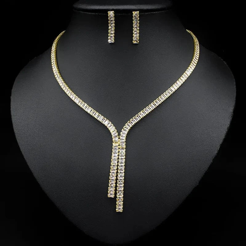 Gold Luxury Delicate Copper Zircon Jewelry Set Pendant Necklace Stud Earring Women Fashion Bridal Engagement Wedding Jewelry Set
