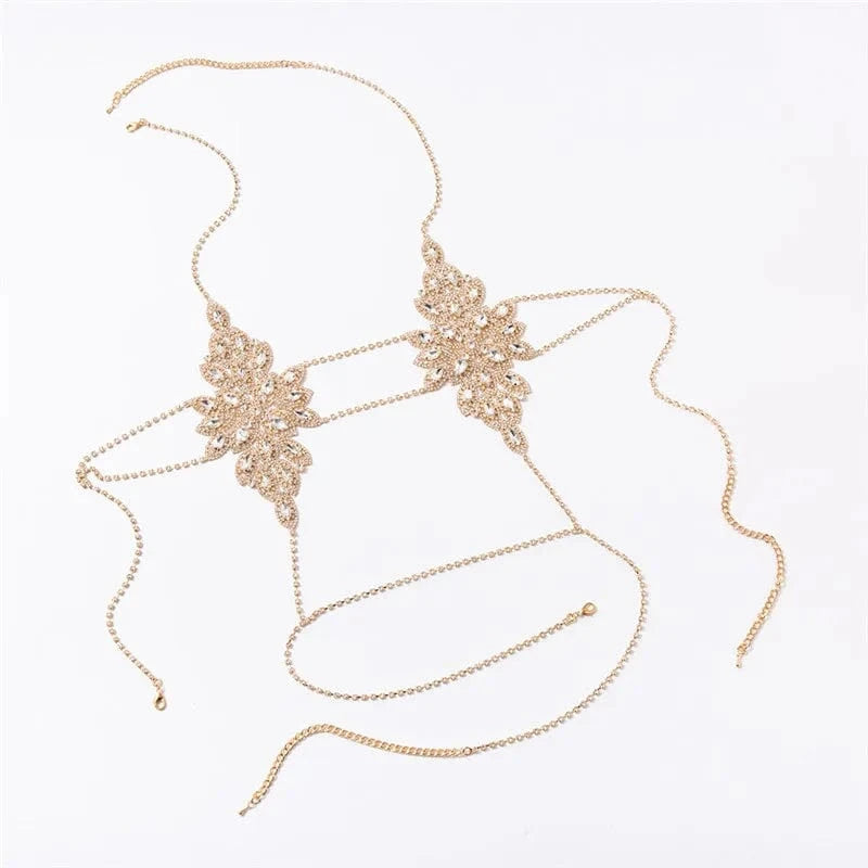 Gold LWZ30106 Women Rhinestone Sexy lingerie Body Chain Bra Jewelry Party Night Club Shiny Diamond Metal Backless Halter Bralette Top