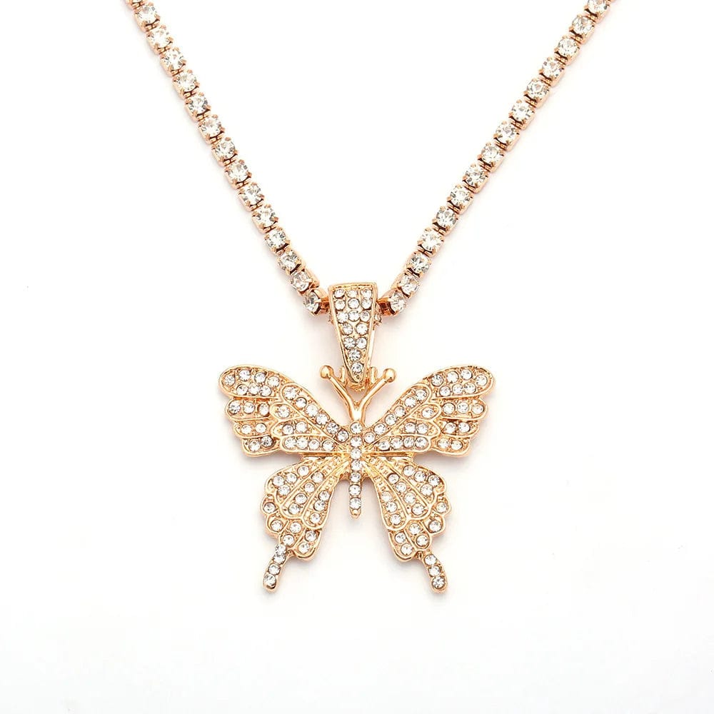Gold Men Women Fully Iced Out Lab 3D Diamond Butterfly Pendant Necklace With Tennis Chian Cheap Wholesale