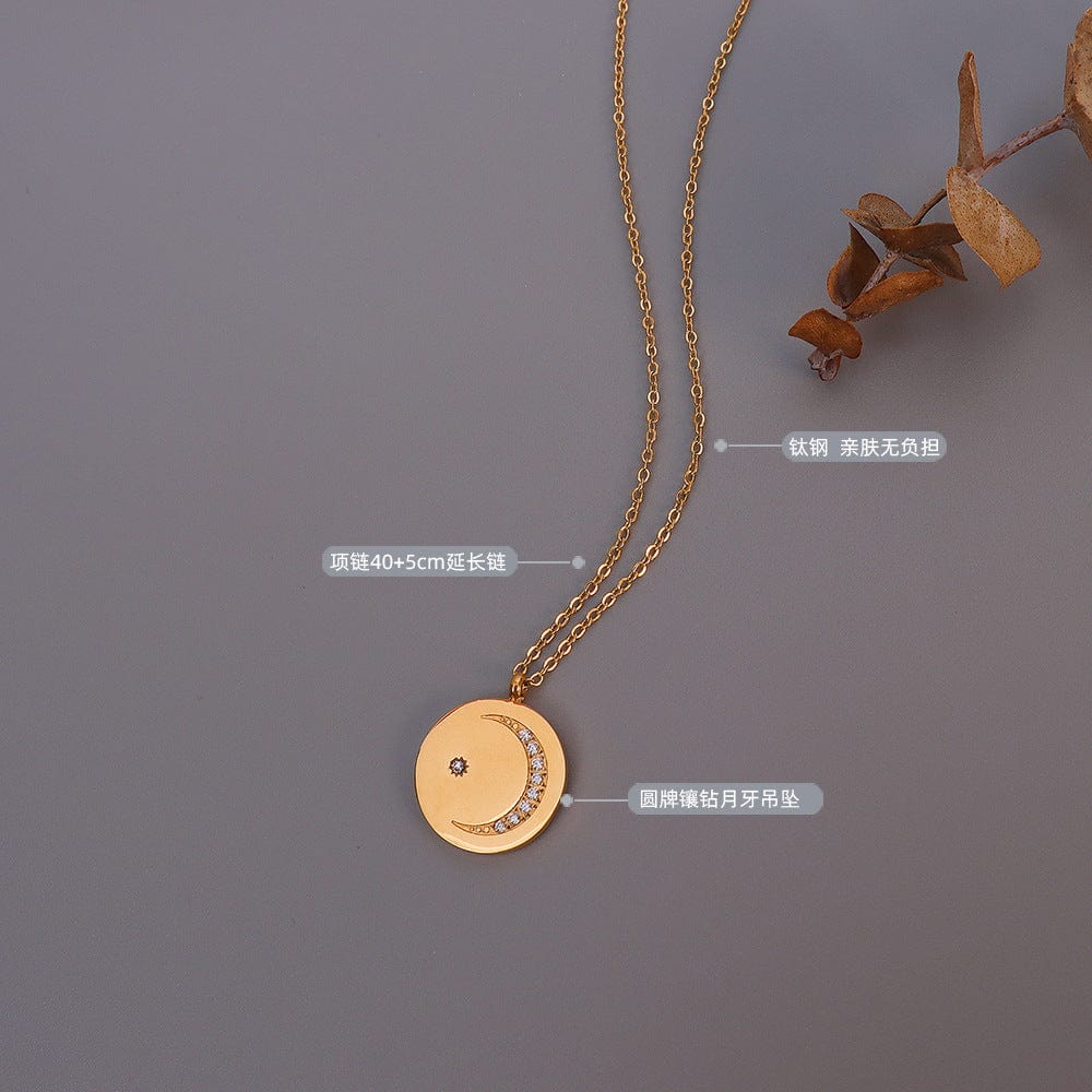 Gold necklace 40 5cm New Stainless Steel Gold Pendant Necklace for Women Girls Vintage Round Disc Moon Shape Simple Necklace Jewelry Gift
