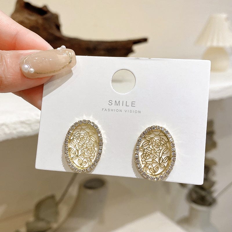 Gold New Metal Oval Rose Flower Hollow Vintage Stud Earrings Elegant Zircon Women Fashion Temperament Jewelry