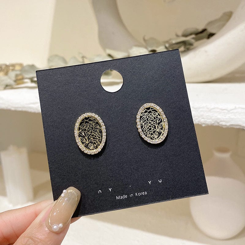 Gold New Metal Oval Rose Flower Hollow Vintage Stud Earrings Elegant Zircon Women Fashion Temperament Jewelry