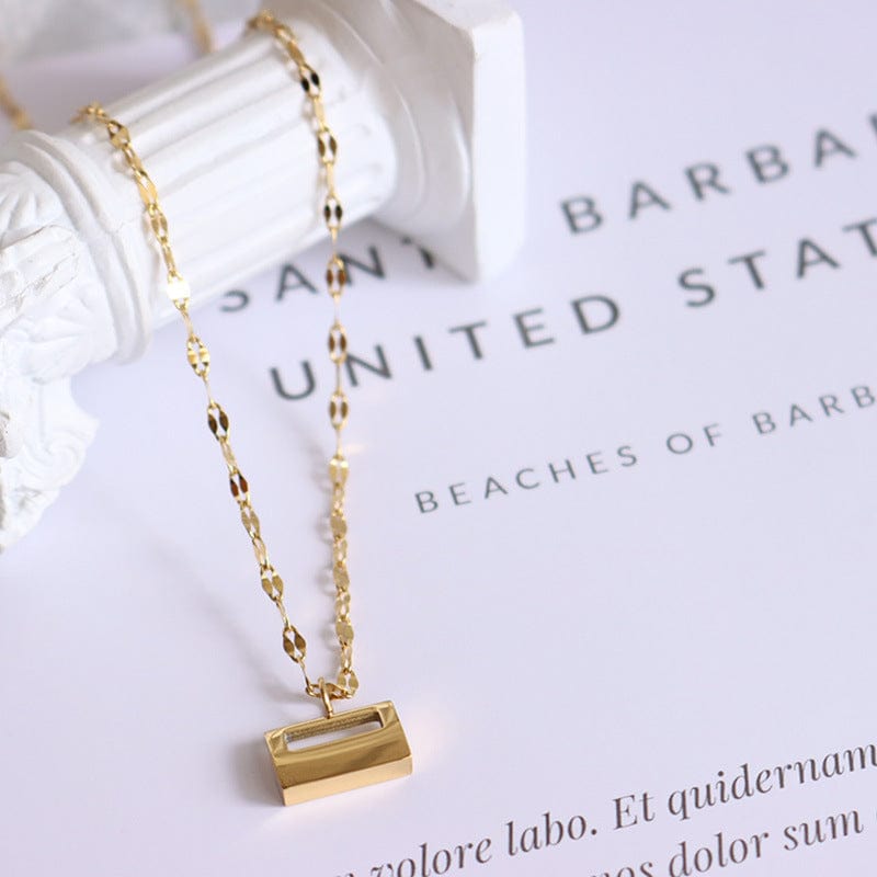 Gold New Minimalist Non Fade Stainless Steel Gold Plated Chain Small Gold Brick Handbag Shape Pendant Necklace for Girl