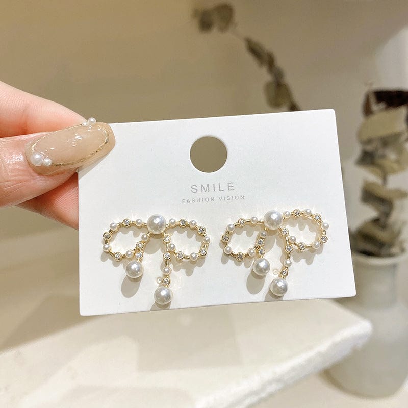 Gold New Trendy Design Crystal Stud Earrings for Women Gold Color Sweet Bow Pearl Earrings Party Gift Drop Shipping