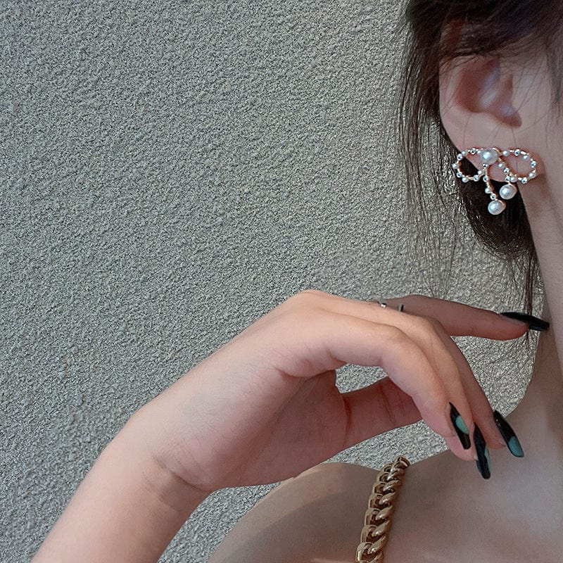 Gold New Trendy Design Crystal Stud Earrings for Women Gold Color Sweet Bow Pearl Earrings Party Gift Drop Shipping