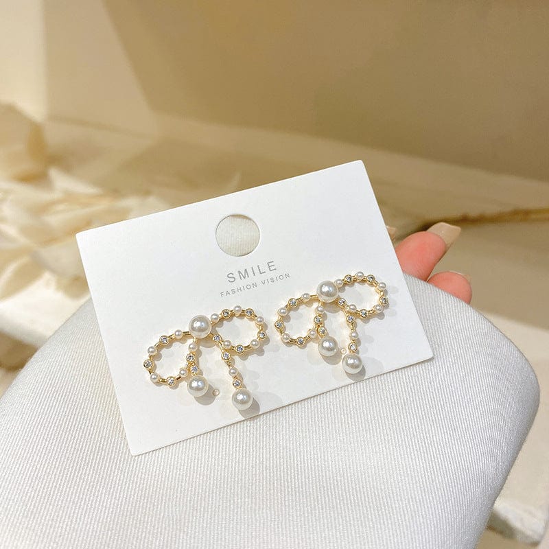 Gold New Trendy Design Crystal Stud Earrings for Women Gold Color Sweet Bow Pearl Earrings Party Gift Drop Shipping