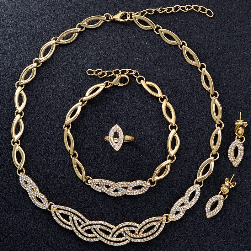 Gold Nigeria Jewelry Sets For Women Necklace Earrings Ring Bracelet Ethnic Geometric Engagement Gift zirconia jewelry set for wedding