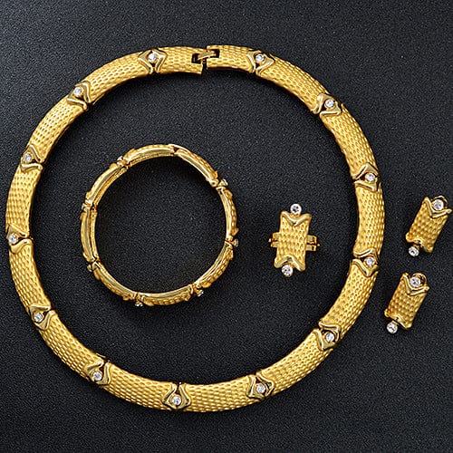 Gold Nigeria Jewelry Sets For Women Necklace Earrings Ring Bracelet Ethnic Geometric Engagement Gift zirconia jewelry set for wedding