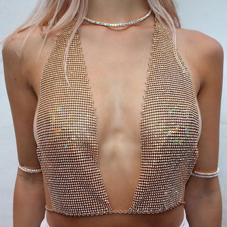 Gold / One size fit all ODM Statement Bra Chain for Women Dance Dress Vest Full Rhinestone Original Design Metal Bikini Sexy Body Jewelry Wholesale