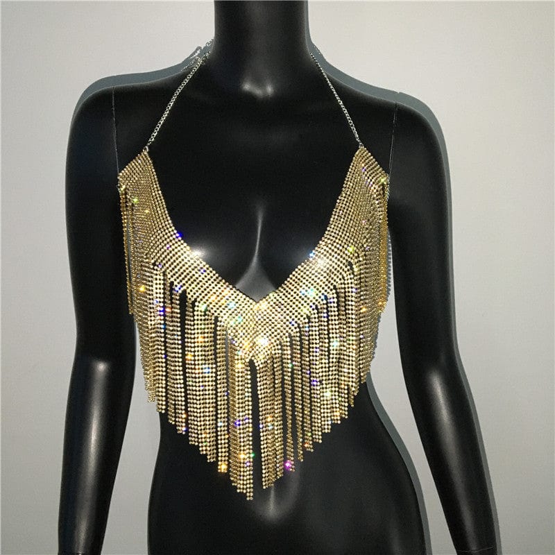 Gold / One size fit all SHIHAN 7 Colors New arrival diamante chainmail neck top bra body chain jewelry for women sparkle bras body jewelry