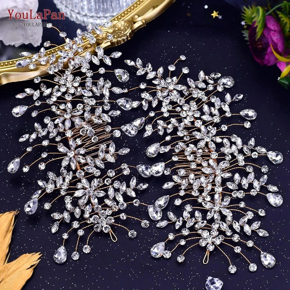 gold-pairs Youlapan HP379-S Pair of Handmade Rhinestone Flower Hair Combs Shiny Pageant Wedding Side Hair Accessories Bridal Hairpieces