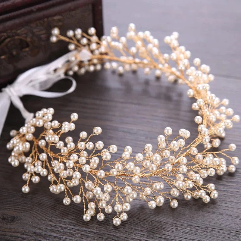 gold Pearl Bridal Hair Accessories Bride Headband Wedding Crown Tiara
