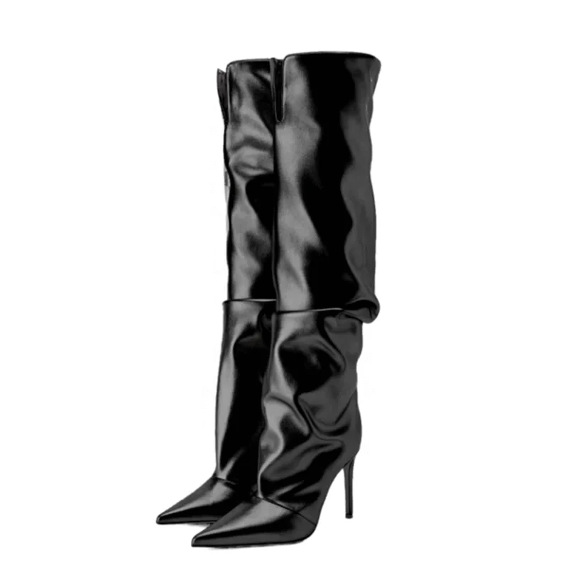 Gold Pleated Upper Slip on Shoes High Thin Heels Pointed Toe Slouchy Long Boots Women's Knee High Booties
