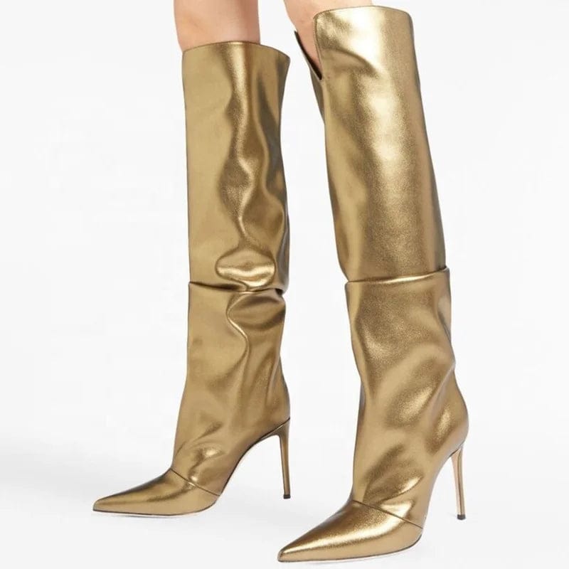 Gold Pleated Upper Slip on Shoes High Thin Heels Pointed Toe Slouchy Long Boots Women's Knee High Booties
