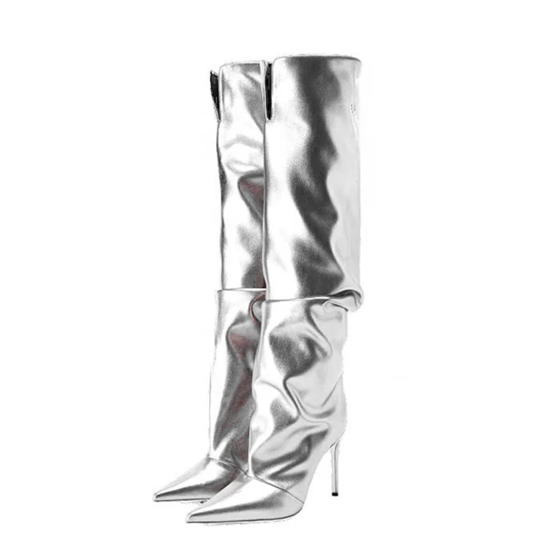 Gold Pleated Upper Slip on Shoes High Thin Heels Pointed Toe Slouchy Long Boots Women's Knee High Booties