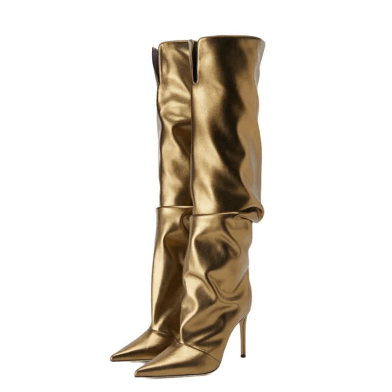 Gold Pleated Upper Slip on Shoes High Thin Heels Pointed Toe Slouchy Long Boots Women's Knee High Booties