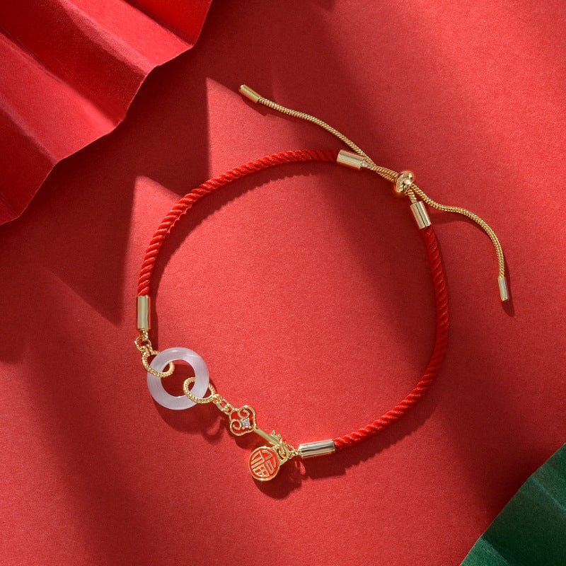 Gold S521 New Chinese Style Jade Women Peace Buckle Bead with Red Rope Weave Pull Out Bracelet
