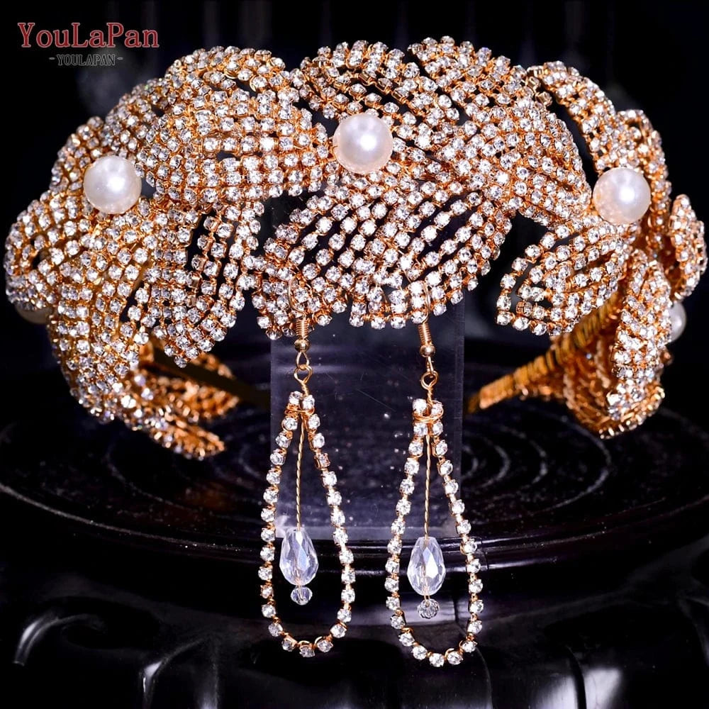 Gold-set(1 crown+1 earring) YouLaPan HP366 Diamond Pearl Hair Piece Crown Ladies Hair Jewelry Luxury Party Wedding Headband Bridal Headdress