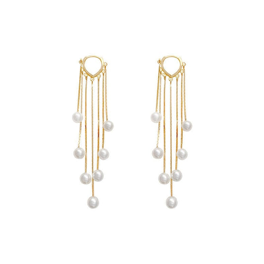 Gold Silver Color Hand Made Pearl Dangle Long Chain Tassel Love Heart Hoop Earrings Ear Buckle Women's Party Jewelry