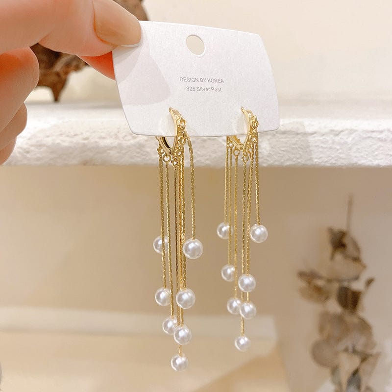 Gold Silver Color Hand Made Pearl Dangle Long Chain Tassel Love Heart Hoop Earrings Ear Buckle Women's Party Jewelry