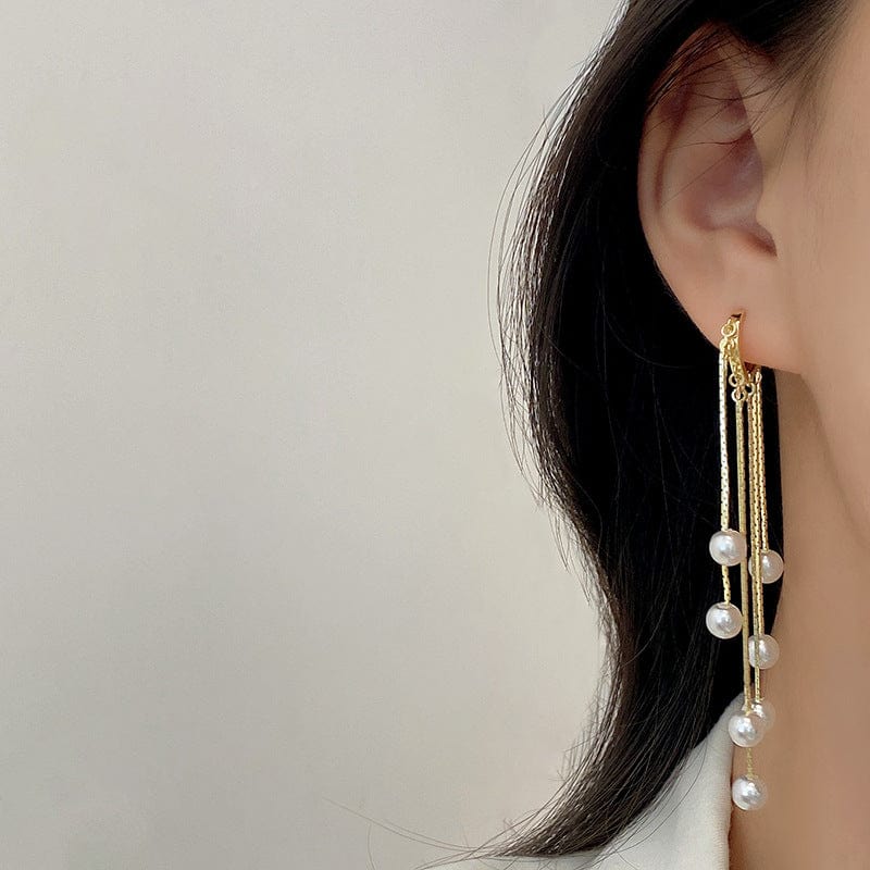 Gold Silver Color Hand Made Pearl Dangle Long Chain Tassel Love Heart Hoop Earrings Ear Buckle Women's Party Jewelry