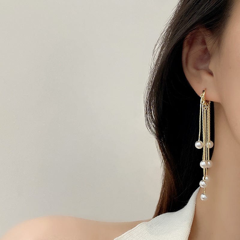 Gold Silver Color Hand Made Pearl Dangle Long Chain Tassel Love Heart Hoop Earrings Ear Buckle Women's Party Jewelry