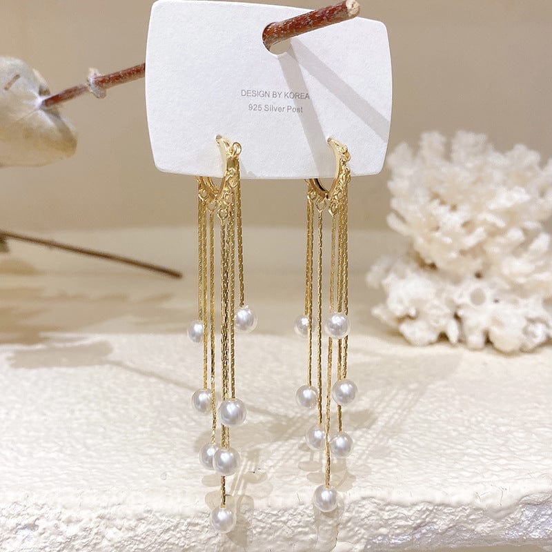 Gold Silver Color Hand Made Pearl Dangle Long Chain Tassel Love Heart Hoop Earrings Ear Buckle Women's Party Jewelry