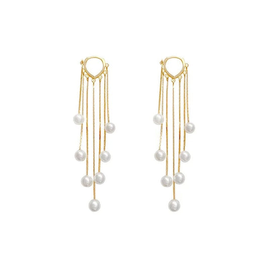 Gold Silver Color Hand Made Pearl Dangle Long Chain Tassel Love Heart Hoop Earrings Ear Buckle Women's Party Jewelry